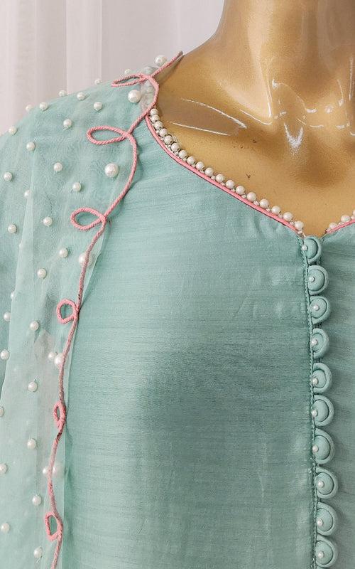 Aqua Kurta Set with Pearl Work Organza Cutwork Dupatta