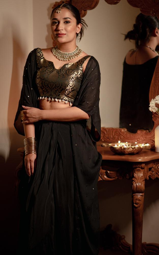 Nishita Black Brocade Crop Top & Draped Skirt Set