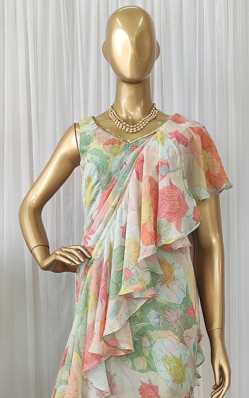 Lotus Print Multicolor Ruffle Saree Dress