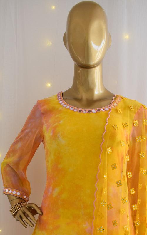 Shobhitta Yellow Mirrorwork Shibori Patiala Set