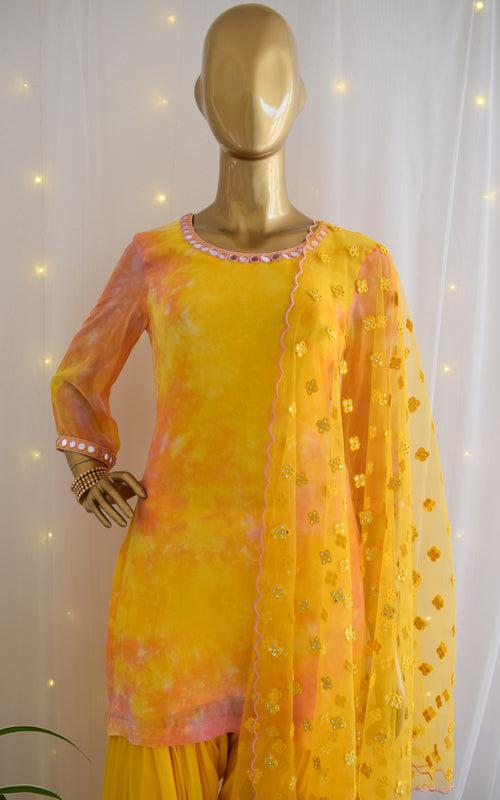 Shobhitta Yellow Mirrorwork Shibori Patiala Set