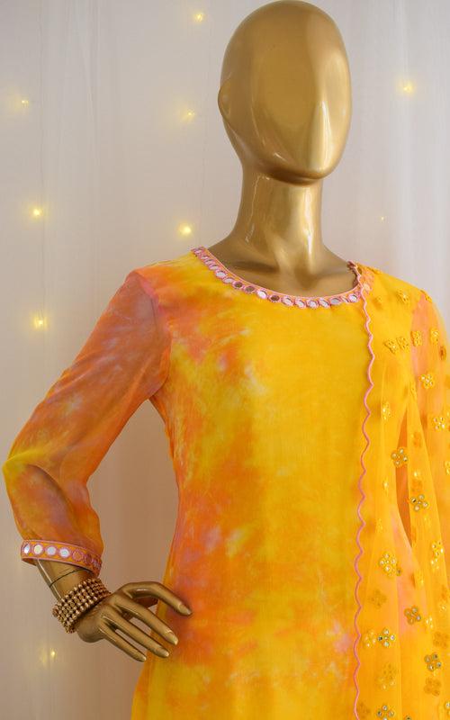 Shobhitta Yellow Mirrorwork Shibori Patiala Set