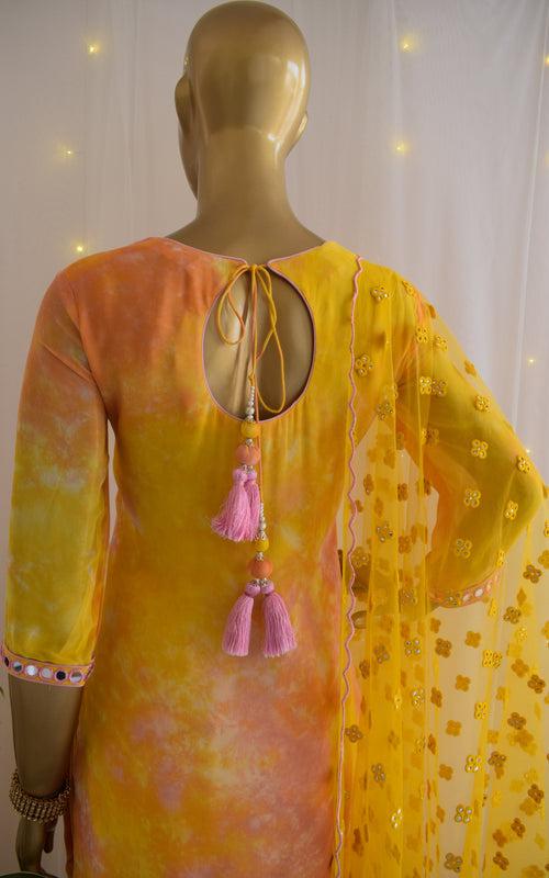 Shobhitta Yellow Mirrorwork Shibori Patiala Set