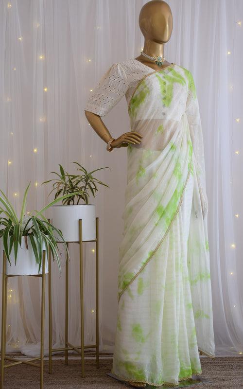 Green Shibori Chiffon Saree with Cutwork Blouse