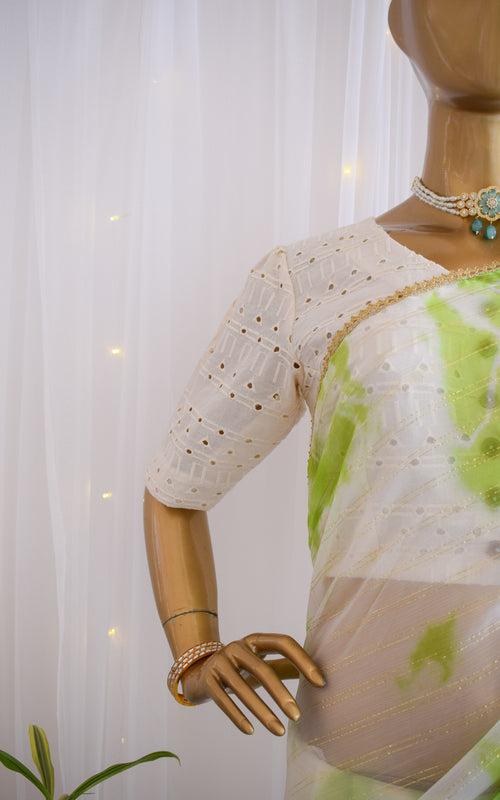 Green Shibori Chiffon Saree with Cutwork Blouse