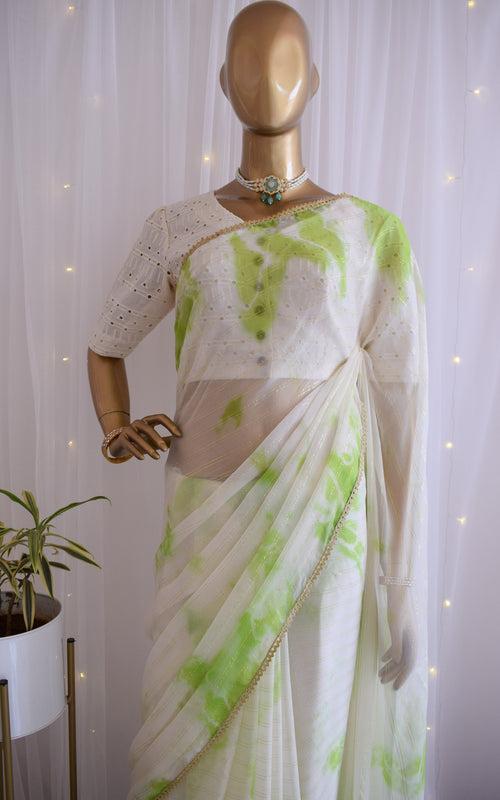 Green Shibori Chiffon Saree with Cutwork Blouse