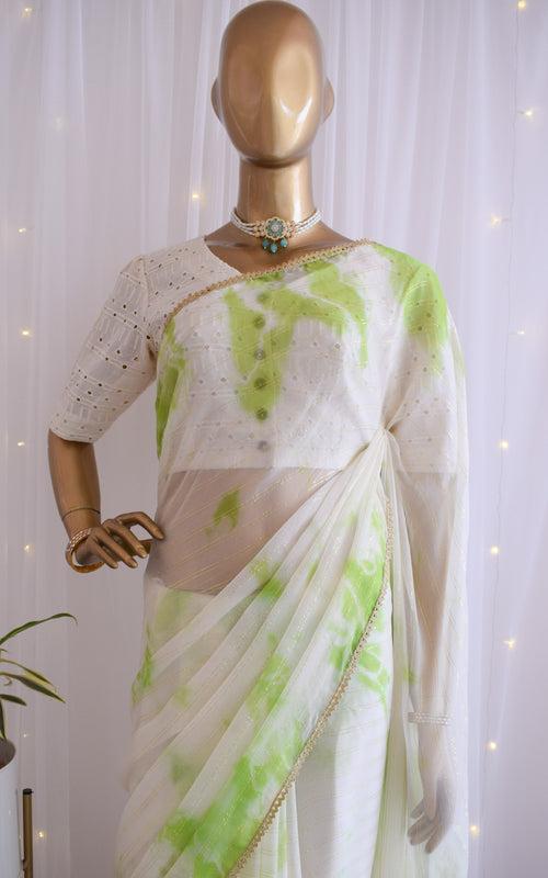 Green Shibori Chiffon Saree with Cutwork Blouse