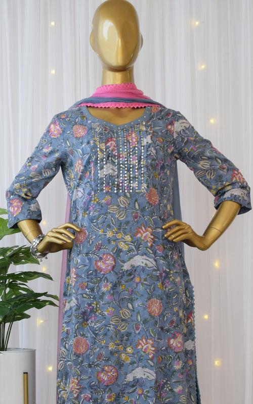 Grey Floral Sequin-work Block Print Cotton Kurta Set