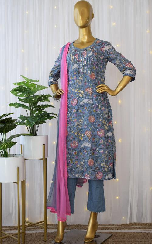 Grey Floral Sequin-work Block Print Cotton Kurta Set