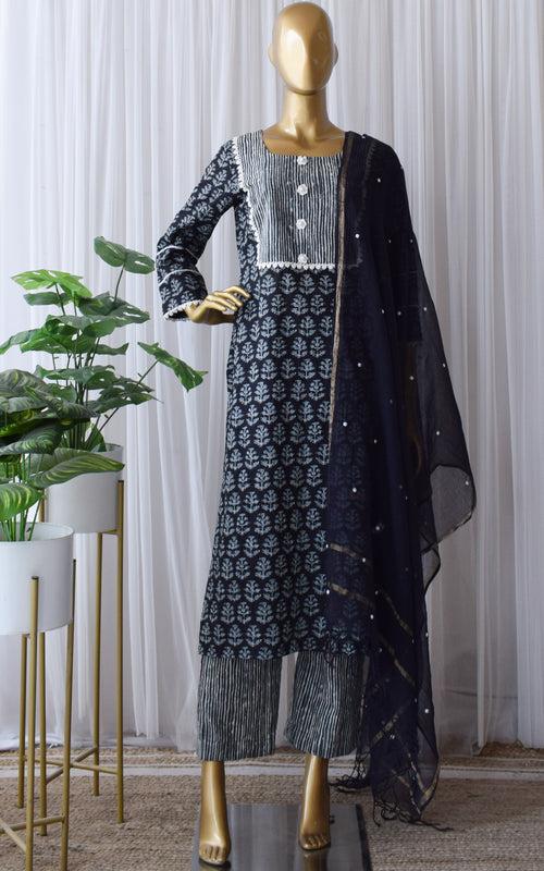 Black Block Print Kurta Set