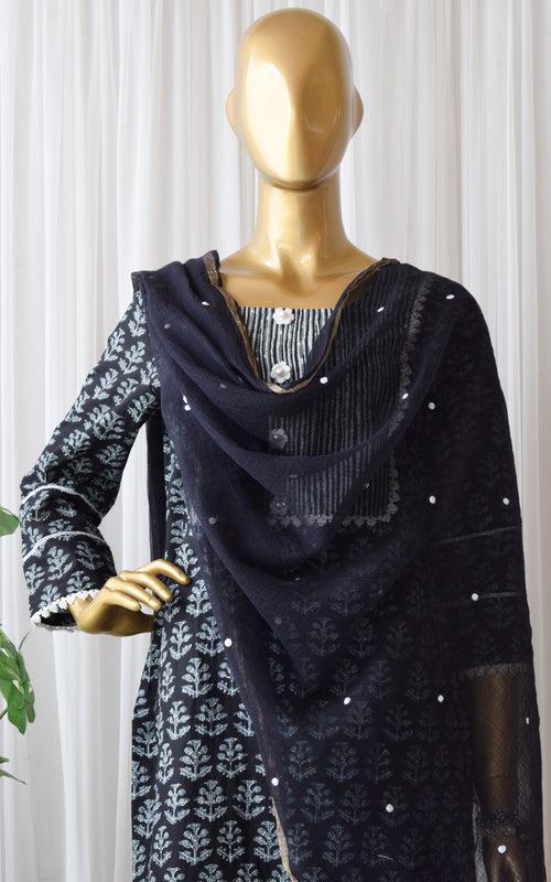 Black Block Print Kurta Set