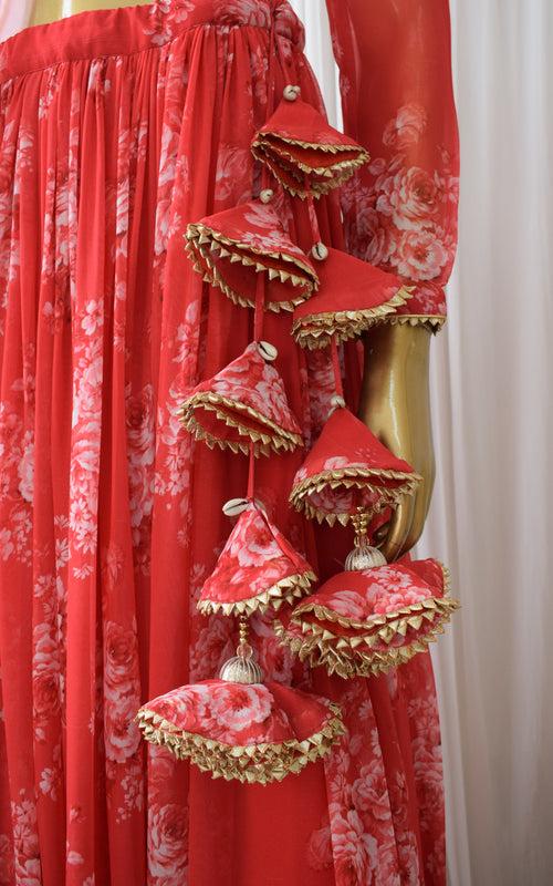 Srishti Red Sequin Work Floral Printed Georgette Lehenga