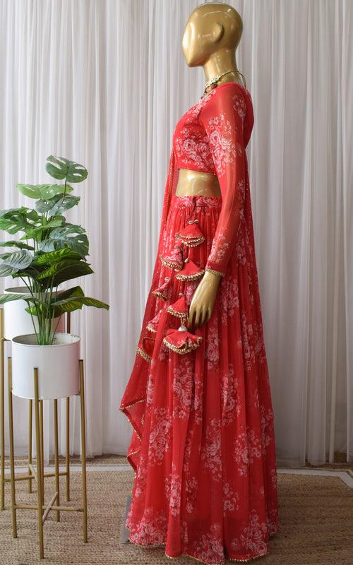 Srishti Red Sequin Work Floral Printed Georgette Lehenga