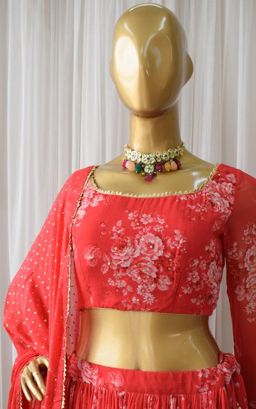 Srishti Red Sequin Work Floral Printed Georgette Lehenga