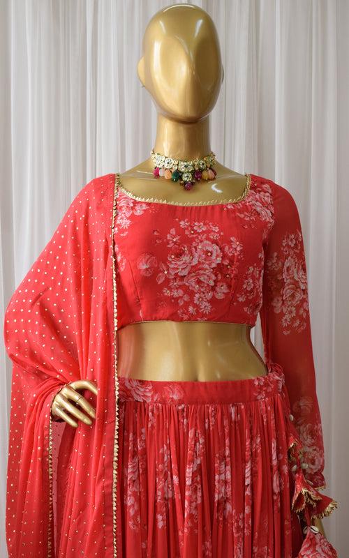 Srishti Red Sequin Work Floral Printed Georgette Lehenga