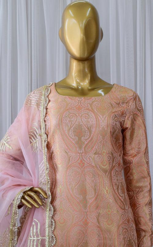 Peach Brocade Kurta Set with Gota work Organza Dupatta