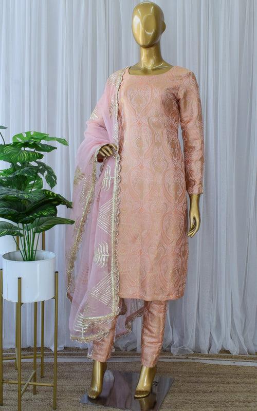 Peach Brocade Kurta Set with Gota work Organza Dupatta