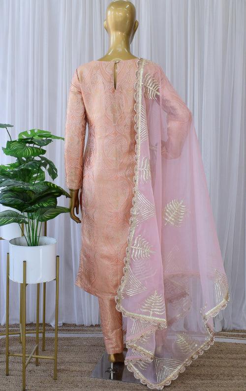 Peach Brocade Kurta Set with Gota work Organza Dupatta