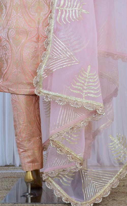 Peach Brocade Kurta Set with Gota work Organza Dupatta