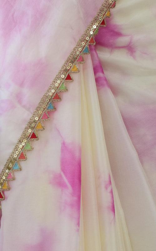 Cream and Pink Shibori Organza Saree