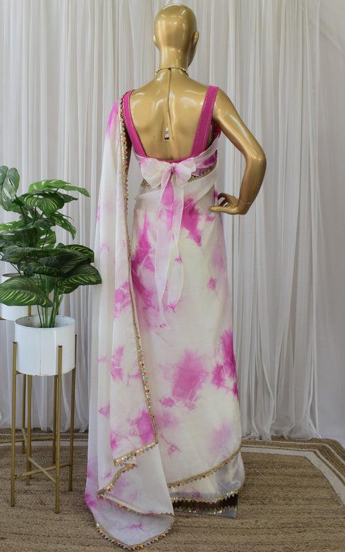 Cream and Pink Shibori Organza Saree