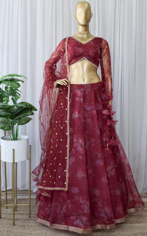 Ankita Wine Floral Organza Lehenga