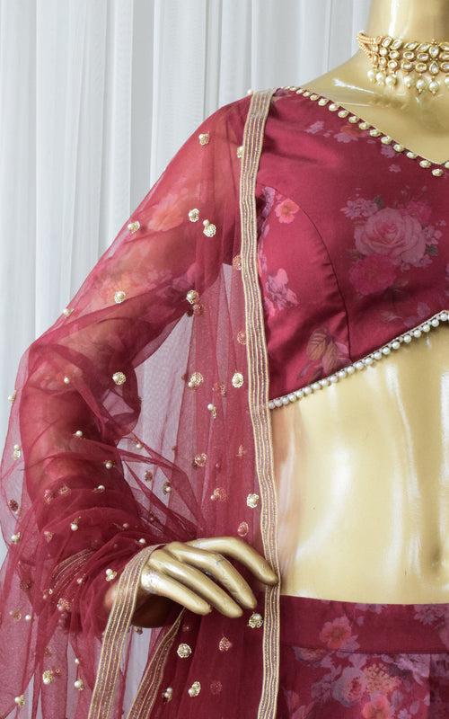 Ankita Wine Floral Organza Lehenga