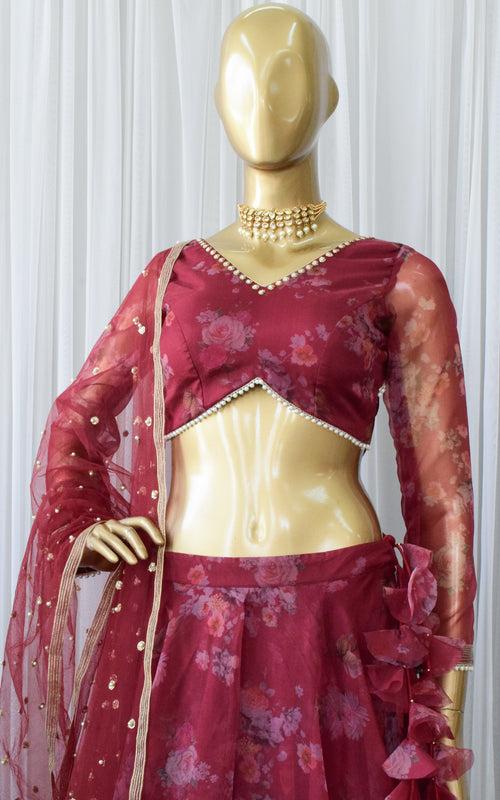 Ankita Wine Floral Organza Lehenga