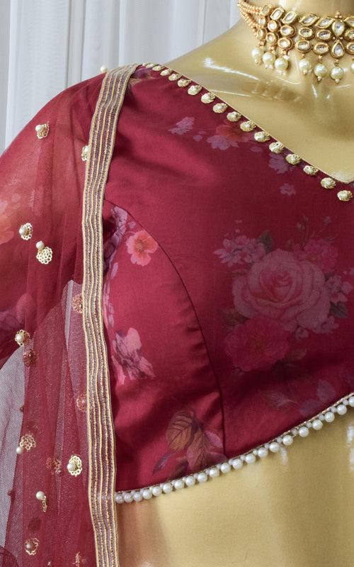 Ankita Wine Floral Organza Lehenga