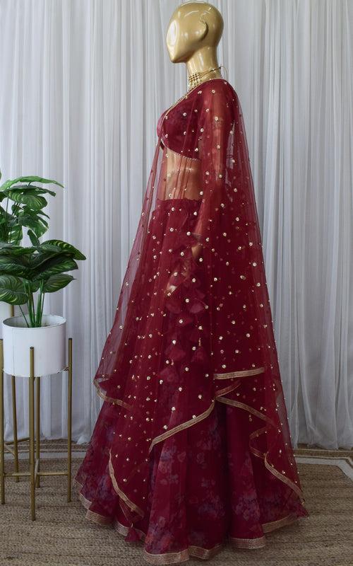 Ankita Wine Floral Organza Lehenga