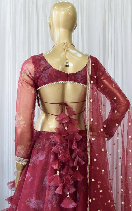 Ankita Wine Floral Organza Lehenga