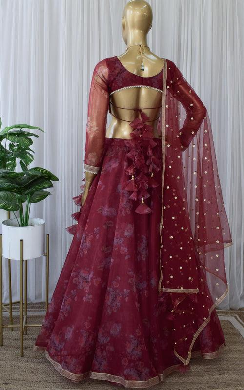 Ankita Wine Floral Organza Lehenga