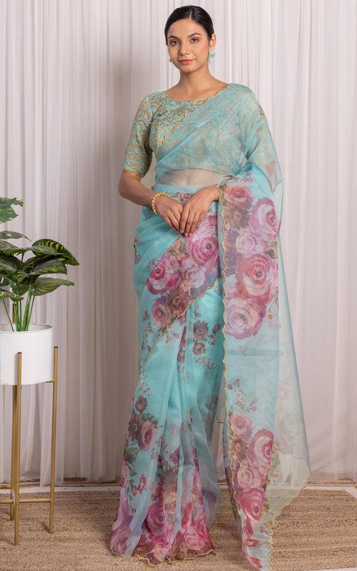 Ishita Dutta Sky Blue Floral Organza Saree