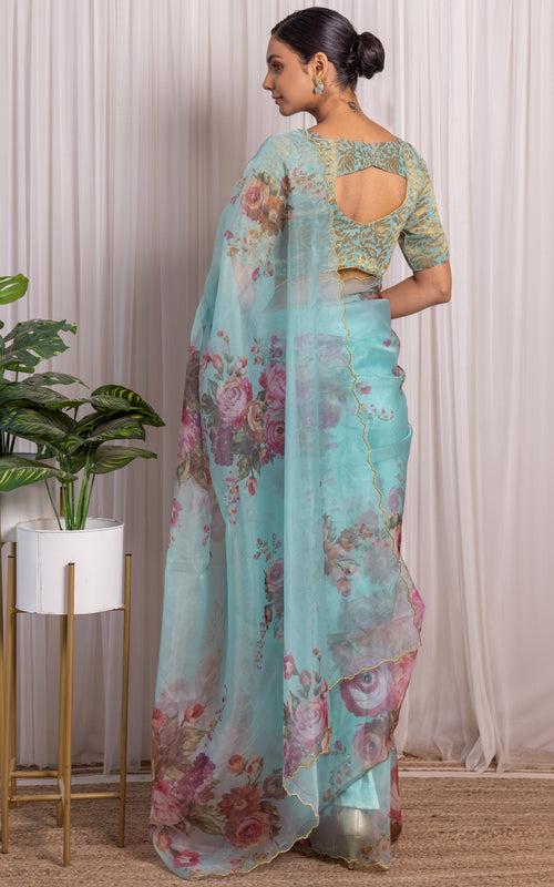 Ishita Dutta Sky Blue Floral Organza Saree