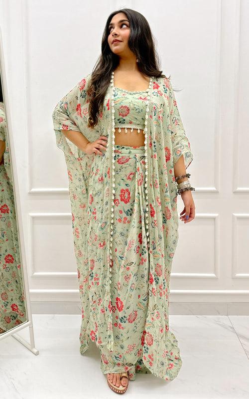 Sharmin Panjwani Sage Green Printed Georgette Crop Top & Draped Skirt Co-ord Set