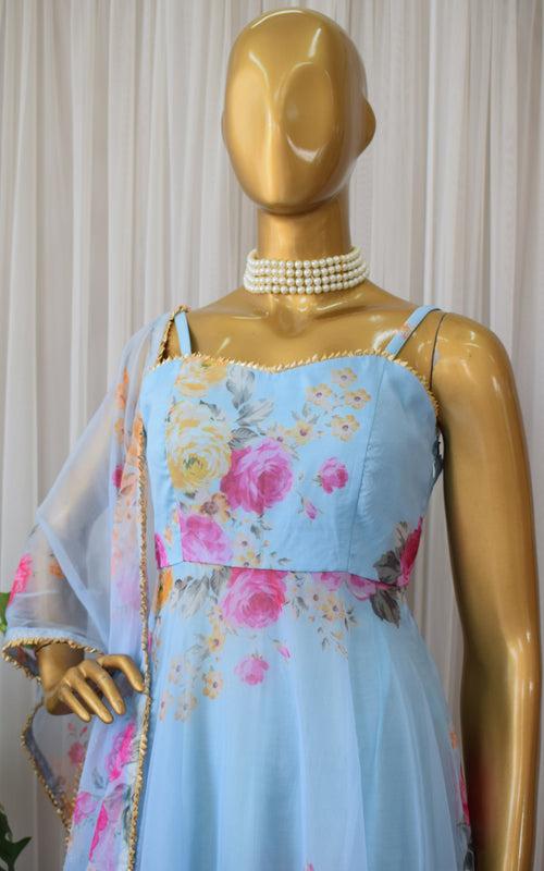 Sky Blue Floral Organza Anarkali