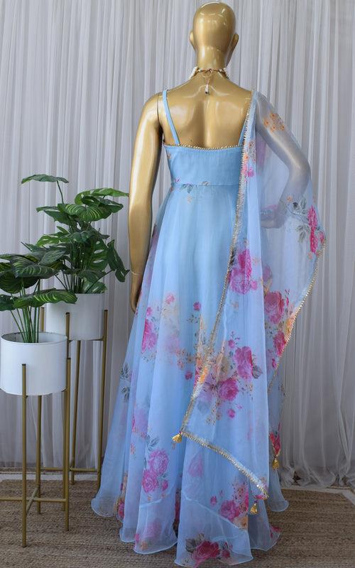 Sky Blue Floral Organza Anarkali