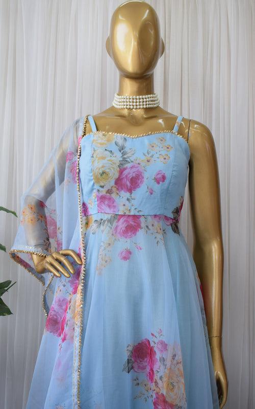 Sky Blue Floral Organza Anarkali