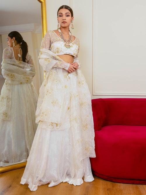 Ecru Burnt Organza Lehenga Set