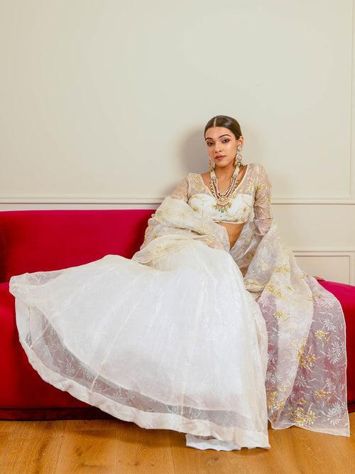 Ecru Burnt Organza Lehenga Set