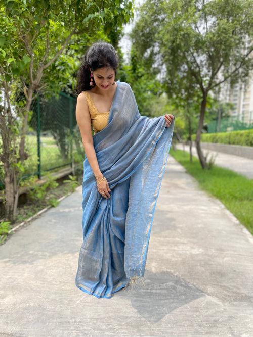 Handwoven Blue Metallic Linen Saree - with blouse piece