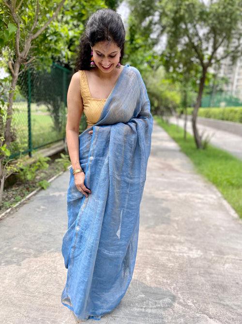 Handwoven Blue Metallic Linen Saree - with blouse piece