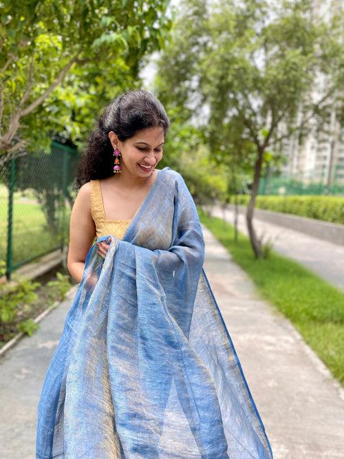 Handwoven Blue Metallic Linen Saree - with blouse piece