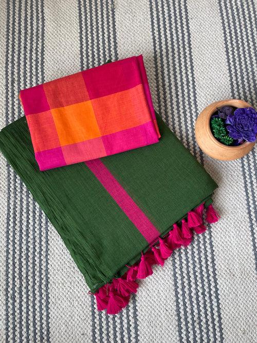 Plain Mul Cotton Saree - Dark Green