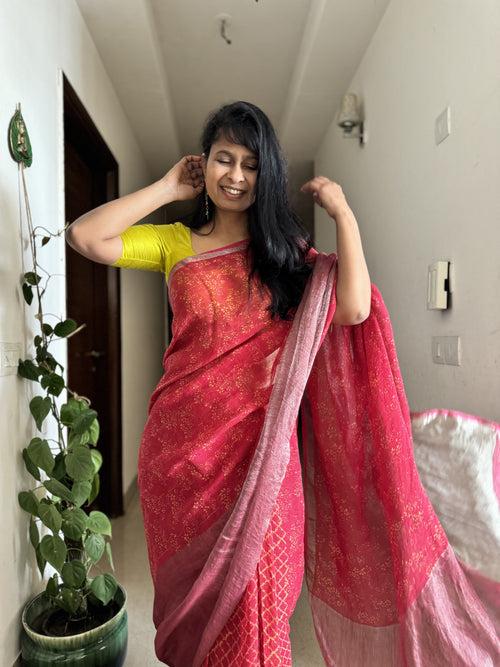 Ajrakh Block Printed Handwoven Linen Naturally Dyed Saree