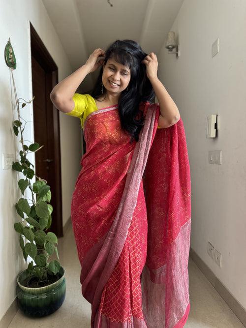 Ajrakh Block Printed Handwoven Linen Naturally Dyed Saree