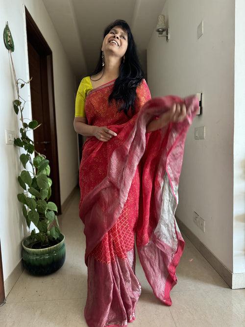 Ajrakh Block Printed Handwoven Linen Naturally Dyed Saree