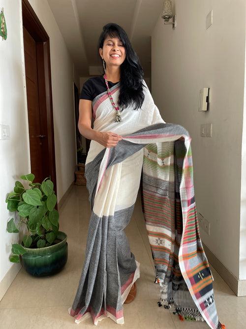 Bhujodi saree - Organic Kala Cotton - Black & White - Green pallu