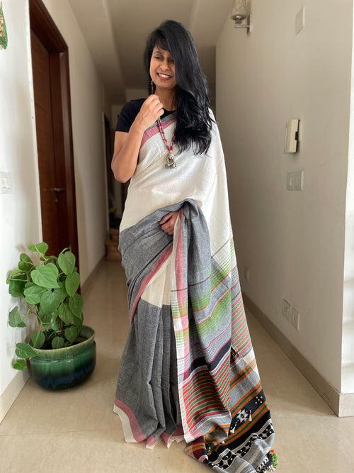 Bhujodi saree - Organic Kala Cotton - Black & White - Green pallu