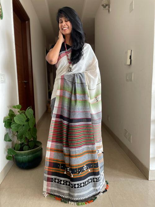 Bhujodi saree - Organic Kala Cotton - Black & White - Green pallu